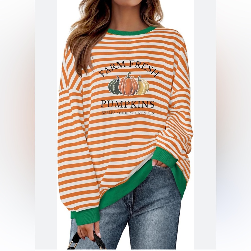 🌸NEW Women's Farm Fresh Pumpkin Sweatshirt, Fall Striped Orange and Green Sz M.